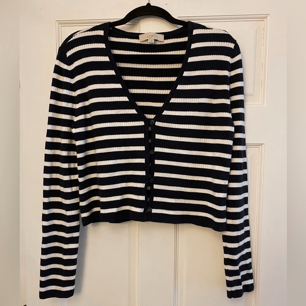 LOFT Navy and White Striped Cardigan, Size Large
